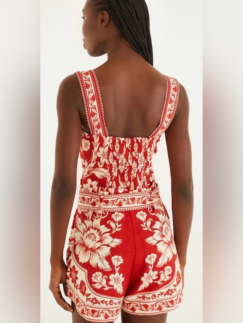 FARM Rio Red and Cream Floral Print Romper with Waist Tie - Picture 7 of 10